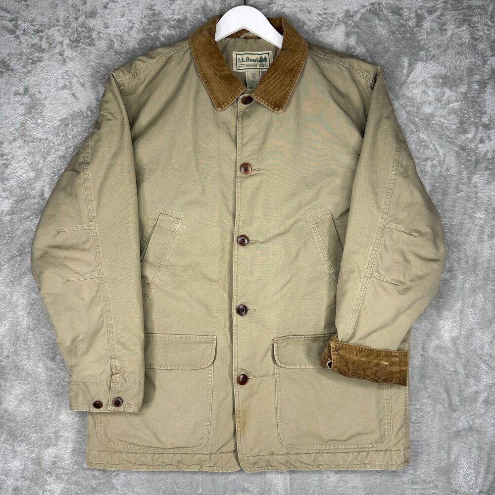 LL Bean Chore Coat Mens XL Tall Canvas Jacket Corduroy Collar Barn Quilt Lined